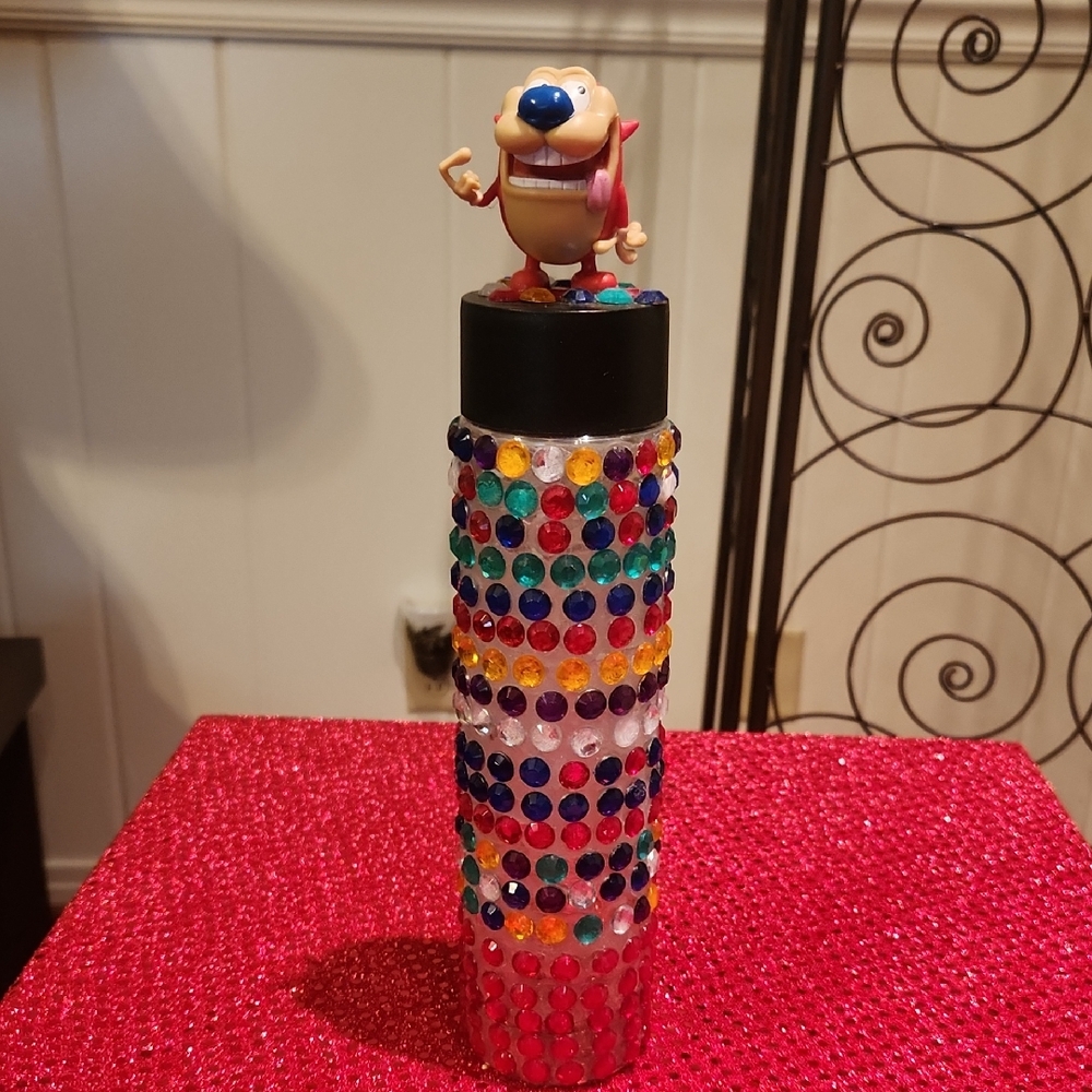 Colorful Beaded Bottle with  Stimpy Cartoon Figure